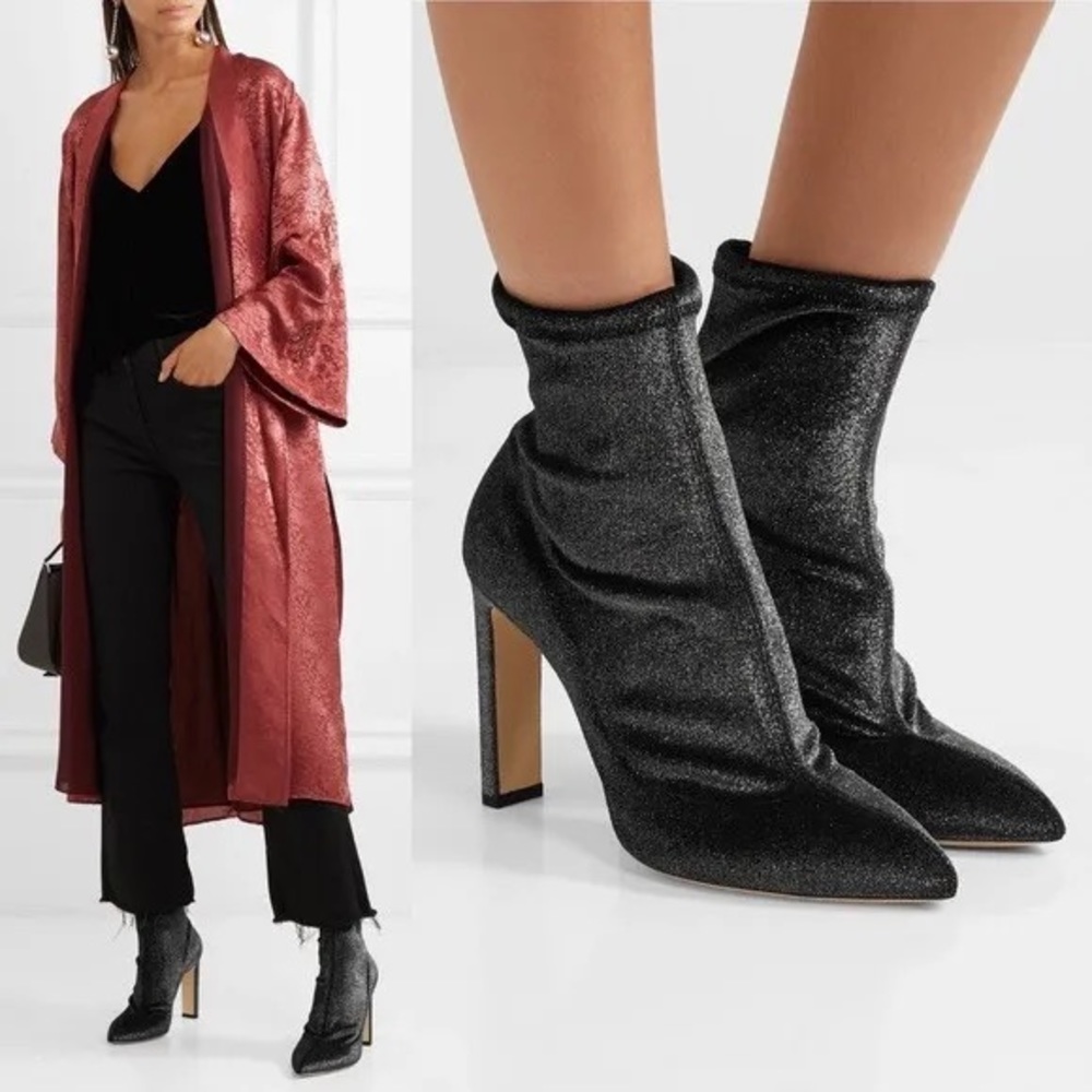 Jimmy Choo Louella Glitter Crushed Velvet Stretch 100 Grey Ankle Boots
